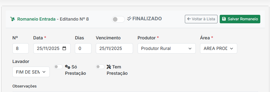 Lançamento de Entradas